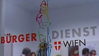 Logo des Brgerdienstes auf Glaswand