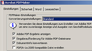 Acrobat PDF Maker-Fenster: Registerkarte "Einstellungen" bei Acrobat Professional 8.0