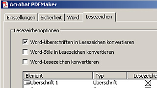 Acrobat PDF Maker-Fenster: Registerkarte "Lesezeichen" bei Acrobat Professional 8.0