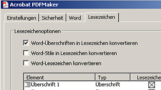 copyright: Stadt Wien Acrobat PDF Maker-Fenster: Registerkarte "Lesezeichen" bei Acrobat Professional 8.0
