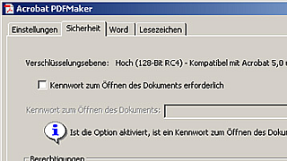 Acrobat PDF Maker-Fenster: Registerkarte "Sicherheit" bei Acrobat Professional 8.0