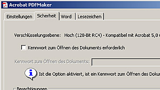 copyright: Stadt Wien Acrobat PDF Maker-Fenster: Registerkarte "Sicherheit" bei Acrobat Professional 8.0