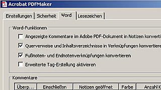 Acrobat PDF Maker-Fenster: Registerkarte "Word" bei Acrobat Professional 8.0