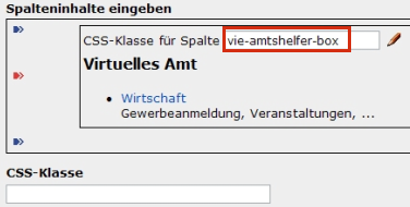 copyright: Stadt Wien CMS-Maske zur Eingabe einer Virtuelles Amt Box mit Angabe der CSS-Klasse für Spalte