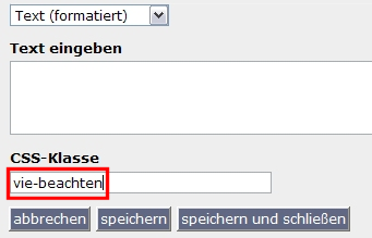 copyright: Stadt Wien Eingabemaske für Block "Beachten" und Angabe der CSS-Klasse
