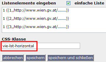 copyright: Stadt Wien Eingabemaske für eine horizontale, geordnete Liste und Angabe der CSS-Klasse