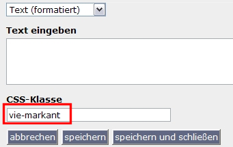 Eingabemaske fr einen hervorgehobenen Abstatz und Angabe der CSS-Klasse