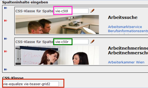 copyright: Stadt Wien Eingabemaske für einen Raster-Block und Angabe der CSS-Klasse