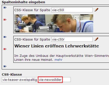 copyright: Stadt Wien Eingabemaske für einen Teaser-Block mit Newsslider und Angabe der CSS-Klasse