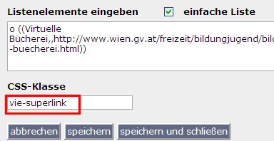 copyright: Stadt Wien Maske zur Eingabe eines Superlinks mit Angabe der CSS-Klasse