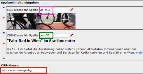 copyright: Stadt Wien Eingabemaske für einen Teaser-Block und Angabe der CSS-Klasse