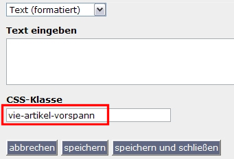 Eingabemaske eines Vorspanns und Angabe der CSS-Klasse