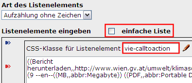 Eingabemaske eines Listenelementes und Angabe der CSS-Klasse