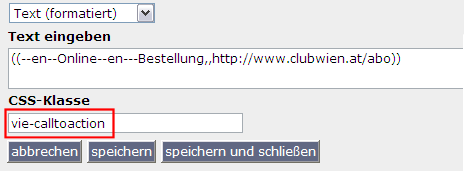 copyright: Stadt Wien Eingabemaske eines Textbausteines und Angabe der CSS-Klasse