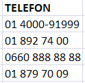 Beispieltabelle mit Telefonnummern 01 4000-91999, 01 892 74 00, 0660 888 88 88, 01 879 70 09