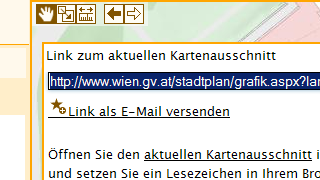 Dialog zum Erhalten eines Link zum aktuellen Kartenausschnitt mit Beispiel der Adresssuche nach "UNO-City"