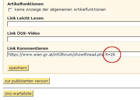 copyright: Stadt Wien Screenshot Eingabemaske für Artikelfunktionen mit URL des Artikelforums