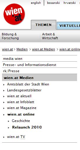 copyright: Stadt Wien Screenshot seitliche Navigation am Beispiel des Bereichs 'wien.at Medien'