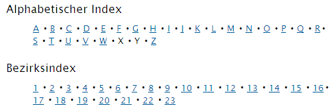 copyright: Stadt Wien Screenshot einer A - Z Liste und eines Bezirksindex mit den 23 Wiener Bezirkern als horizontaler Liste