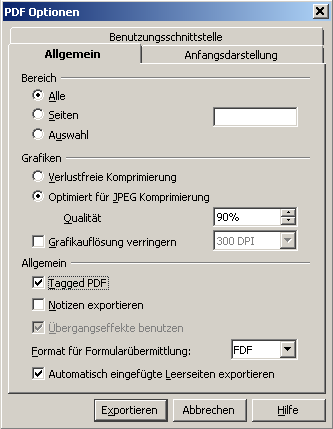 Open Office-Fenster: Registerkarte "Allgemein" beim Bearbeiten der PDF-Optionen im Open Office