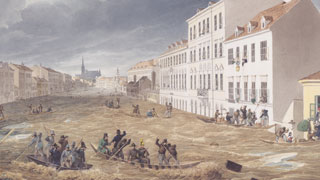 1830 su baskını ´- Eduard Gurk'un gravürü: Leopoldstadt, Jägerzeile, am 2 März 1830