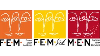 FEM-MEN logo serileri: Üç renkten oluşan dikdörtgen üzerinde iki yüzün çizimi.