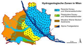 Grafik: Karte von Wien mit hydrogeologische Zonen in verschiedenen Farben und Mustern