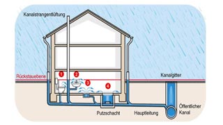 Schematic illustration of a sewer backup in a house