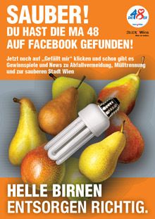Bild der Landingpage auf Facebook: Sujet der aktuellen Kampagne "Helle birnen entsorgen richtig" mit dem Schriftzug "Sauber! Du hast die MA 48 auf Facebook gefunden!".