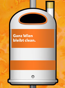 Paperkorb mit dem Spruch "Ganz Wien bleibt clean"