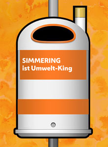 Paperkorb mit dem Spruch "Simmering ist Umwelt-King"