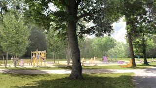 Visualisierung eines Parks mit Spielplatz und Bäumen