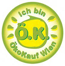 Aufkleber "Ich bin Ö.K."; grün-gelber Kreis mit dem Schriftzug "Ich bin Ö.K., ÖkoKauf Wien