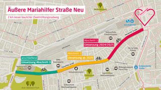 Plan zu Radwegbau des 2-Richtungsradwegs der ueren Mariahilfer Strae mit 3 Abschnitten