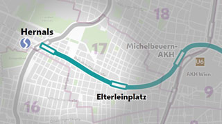 Plan der Strecke der U5 vom Elterleinplatz bis Hernals