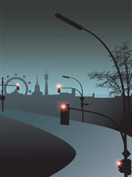 Animation der verschiedenen Phasen einer Ampel mit einer Silhouette Wiens im Hintergrund