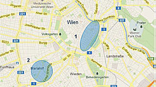 Wien-Karte mit Testgebieten in der Inneren Stadt und in Mariahilf