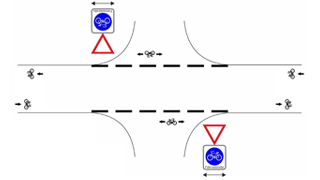 Grafik: Fahrradstraße im Kreuzungsbereich bei markierter Begrenzungslinie