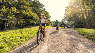 Frau und Mann fahren mit Mountainbikes auf einem befestigten Weg, links und rechts Wald