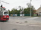 Kreuzungsbereich Brnner Strae - Kummergasse: Zebrastreifen und Fugngerampel ber die Fahrbahn, Straenbahnschienen mit Lichtsignal ausgestattet