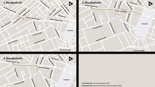Plan der Wiedner Hauptstraße mit Verkehrsmaßnahmen für die 3 Bauabschnitte